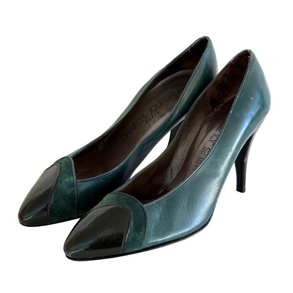 Charles Jourdan Vintage Heels 6 Green Leather Suede Pumps Dark Academia Prep - Picture 2 of 9